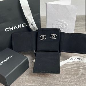 Authentic CHANEL Classic CC Stud Earrings in Gunmetal